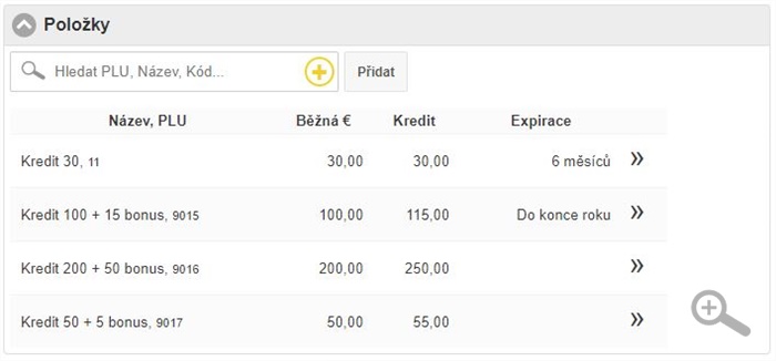 Seznam vytvořených karet s nastavením pravidel pro dobíjení kreditu Seznam vytvořených karet s nastavením pravidel pro dobíjení kreditu