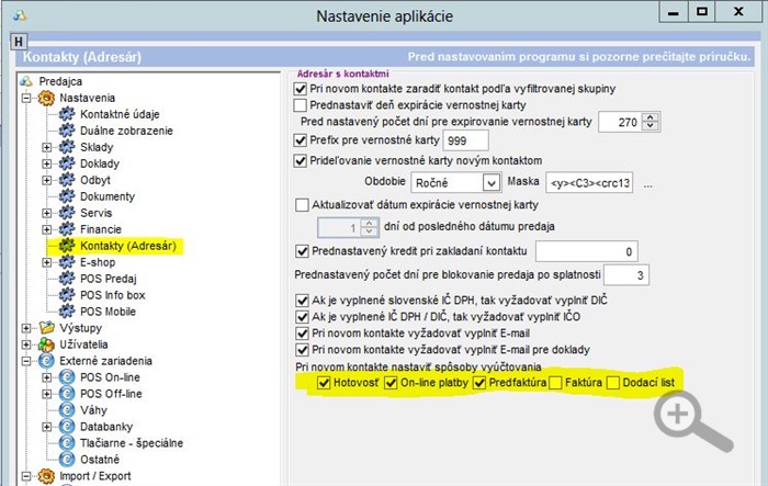 Nastavenie ktoré typy dokladov majú byť prednastavené a ako