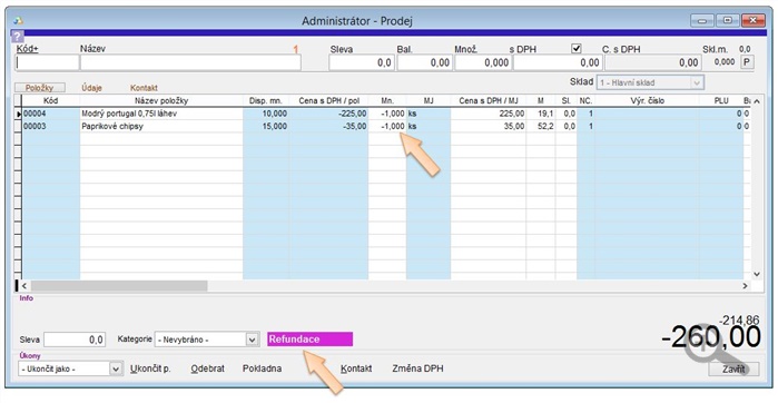Refundace položek dokladu