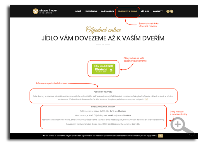 Přizpůsobení vlastního webu Samostatná stránka věnovaná online rozvozu