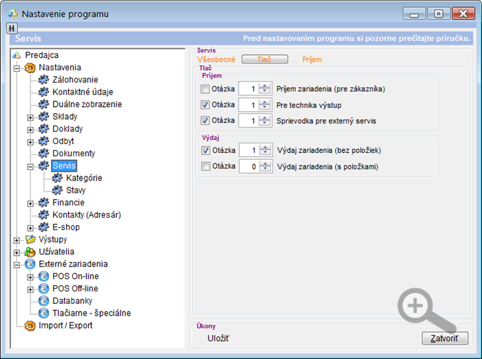 Nastavenia - Servis - Tlač