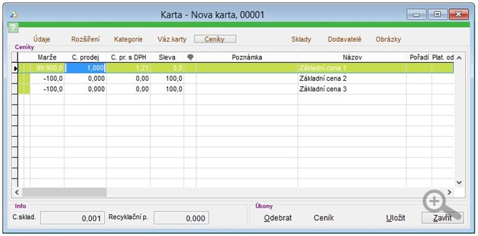 Popis záložky Ceníky na skladové kartě Popis záložky Ceníky na skladové kartě