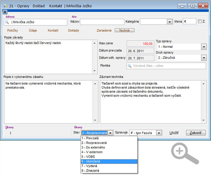 Modul Servis - úprava servisného dokladu - záložka Technik