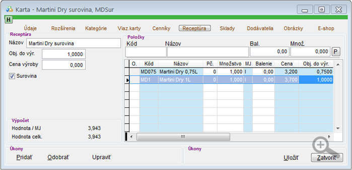 Skladová karta - Martini Dry surovina - záložka Receptúra