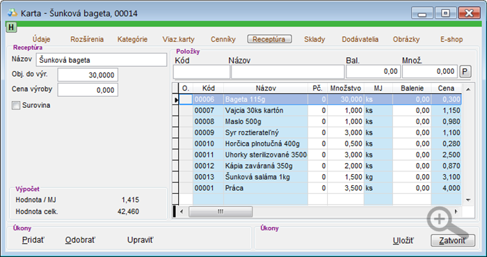 Skladová karta - receptúra