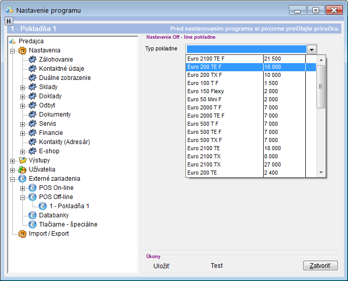 Nastavenia - off-line - výber typu pokladne