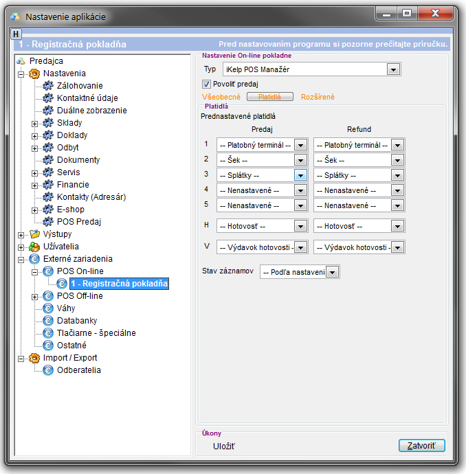 Nastavenia - POS on-line pokladňa - nastavenia platidiel