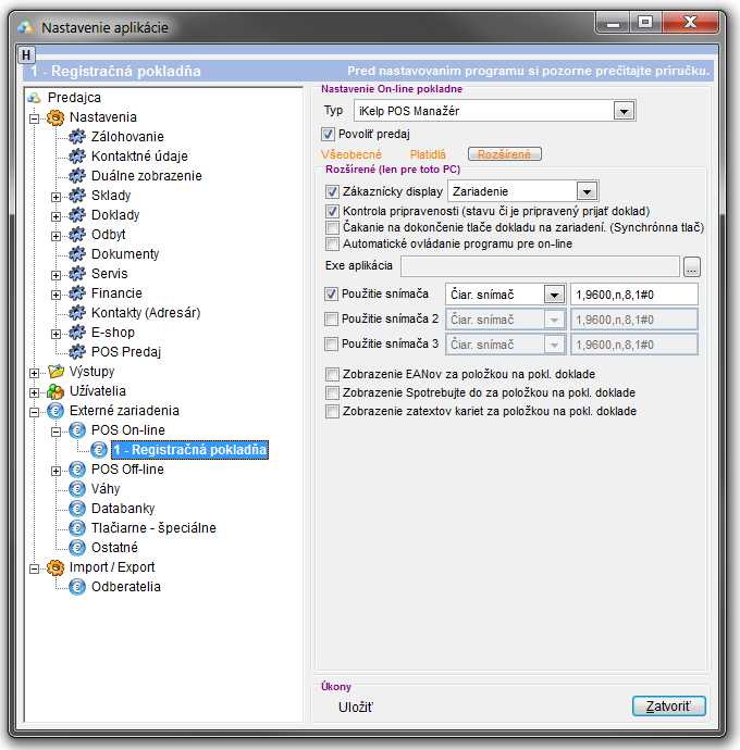 Nastavenia - POS on-line pokladňa - rozšírené nastavenia