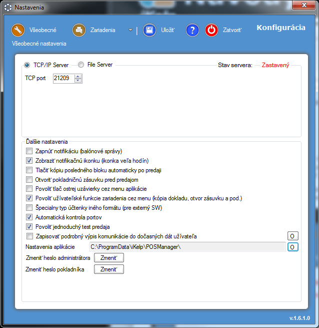 POS Manažér Server - nastavenia