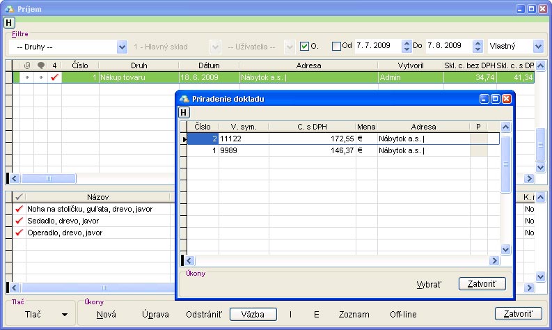 Príjem - priradenie dokladu prijem_priradenie_dokladu