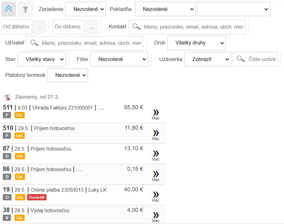 Rozšírený filter v zozname úhrad dokladov Rozšírený filter v zozname úhrad dokladov