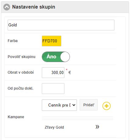 Formulár základných nastavení skupín verných zákazníkov Formulár základných nastavení skupín verných zákazníkov