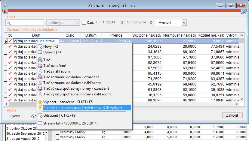 Vykonanie prepočtu označen&yacute;ch stravn&yacute;ch v&yacute;dajok.