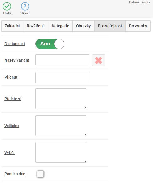 Záložka Pro veřejnost na skladové kartě Záložka Pro veřejnost na skladové kartě