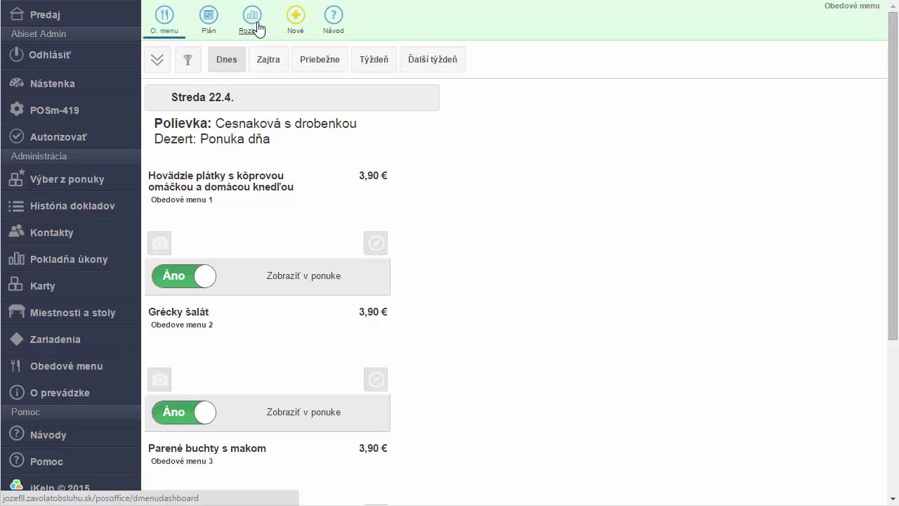 Sekcia Obedov&eacute; menu s ikonami O. menu, Pl&aacute;n, Rozbory, Nov&eacute; a N&aacute;vod v hornej li&scaron;te aplik&aacute;cie iKelp POS Mobile