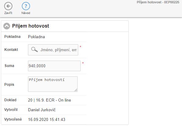 Detail úhrady na pokladním dokladu Detail úhrady na pokladním dokladu