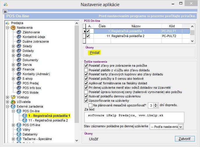 Zoznam On-line pokladní v aplikácii.