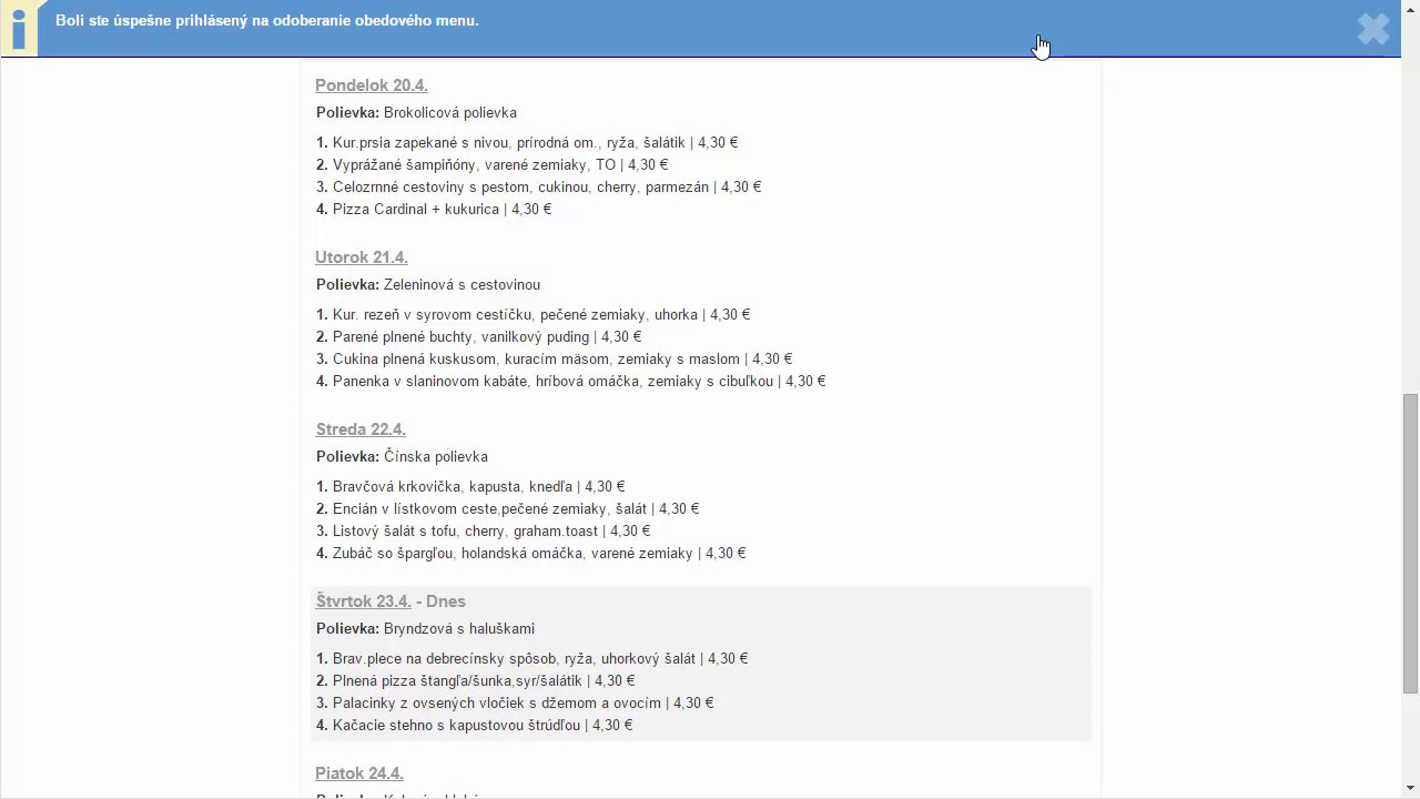 Potvrdenie &uacute;spe&scaron;nej registr&aacute;cie na odoberanie obedov&eacute;ho menu na webe