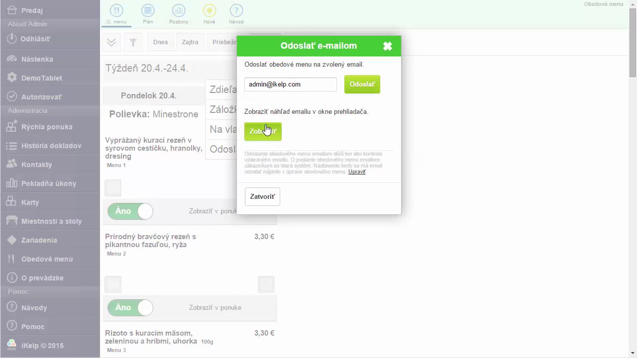 Dial&oacute;g Odoslať e-mailom s poľom pre e-mailov&uacute; adresu a tlačidlami Odoslať a Zobraziť
