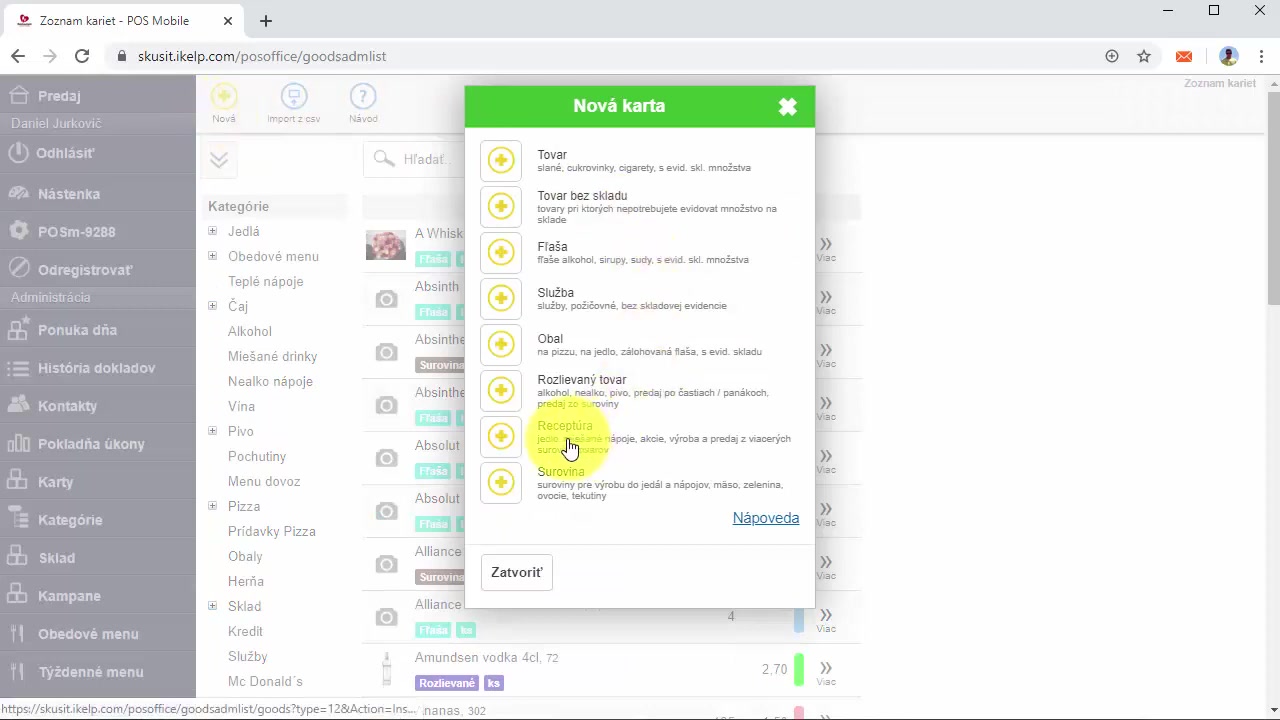 Dial&oacute;g Nov&aacute; karta so zoznamom typov kariet, kde je zv&yacute;raznen&aacute; možnosť Recept&uacute;ra