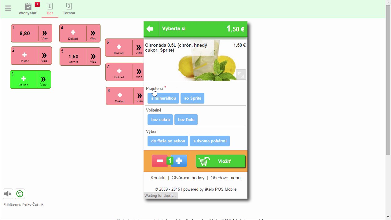 Objednávkový formulár Citronády 0,5L v online systéme so sekciami Prajete si (s minerálkou, so Sprite), Voliteľné (bez cukru, bez ľadu) a Výber (do fľaše so sebou, s dvoma pohármi)