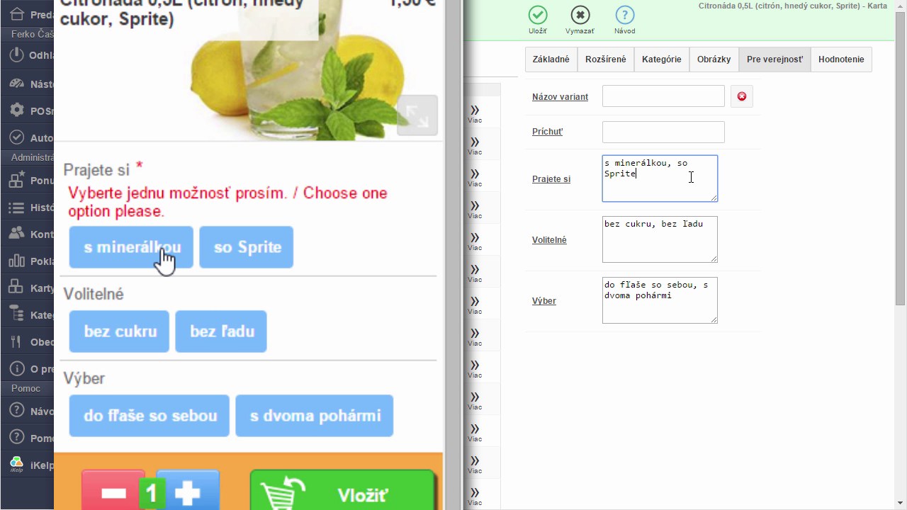 Záložka Pre verejnosť s náhľadom výsledku vľavo — sekcia Prajete si zobrazuje tlačidlá s minerálkou a so Sprite