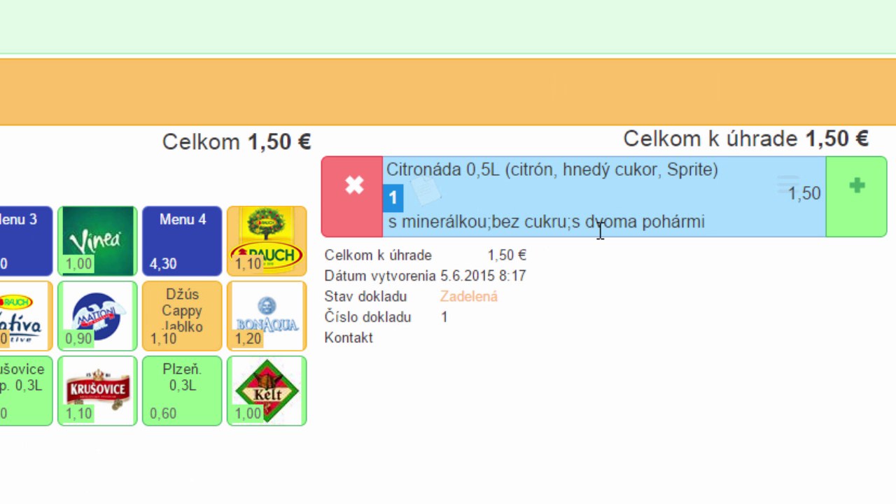 Doklad objednávky v iKelp POS Mobile s položkou Citronáda 0,5L a zvolenými vlastnosťami s minerálkou;bez cukru;s dvoma pohármi