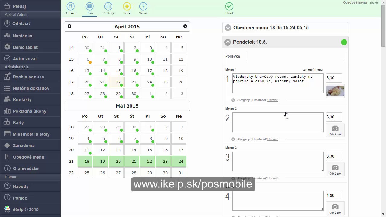 Hotov&eacute; obedov&eacute; menu v iKelp POS Mobile s priradenou fotografiou jedla &mdash; Viedensk&yacute; bravčov&yacute; rezeň
