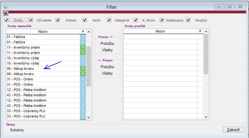 Zobrazenie druhov pohybov/dokladov v rozboroch aplikacie