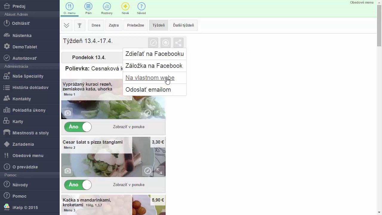 Rozbaľovacie menu zdieľania s možnosťami: Zdieľať na Facebooku, Z&aacute;ložka na Facebook, Na vlastnom webe, Odoslať emailom