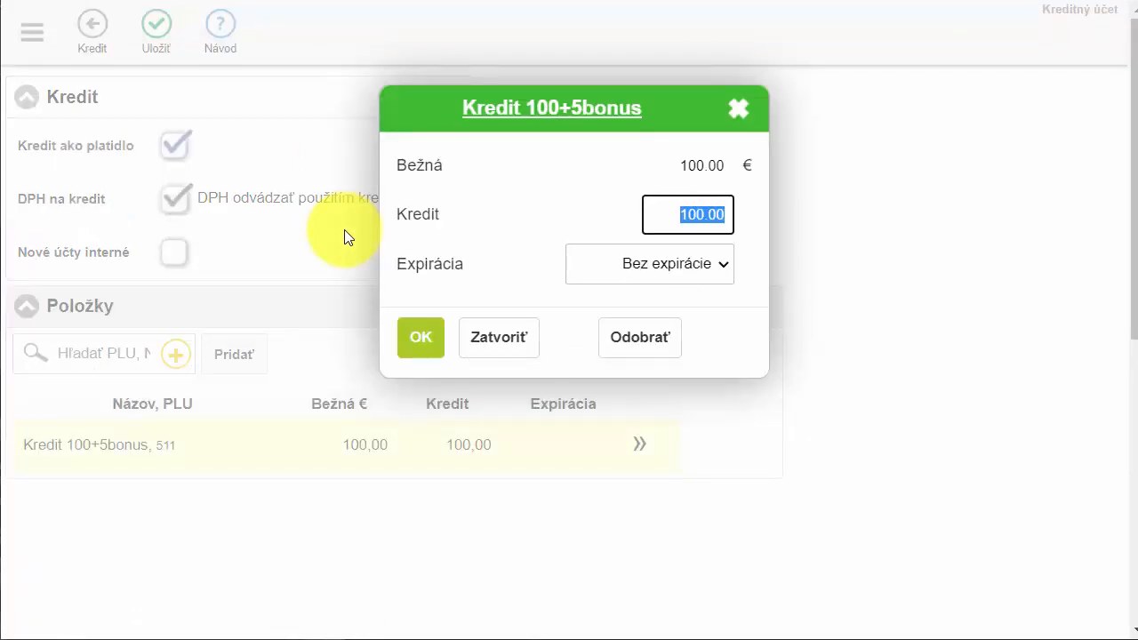 Obrazovka Kreditn&yacute; &uacute;čet so za&scaron;krtnut&yacute;m pol&iacute;čkom Kredit ako platidlo a dial&oacute;gov&yacute;m oknom novej karty