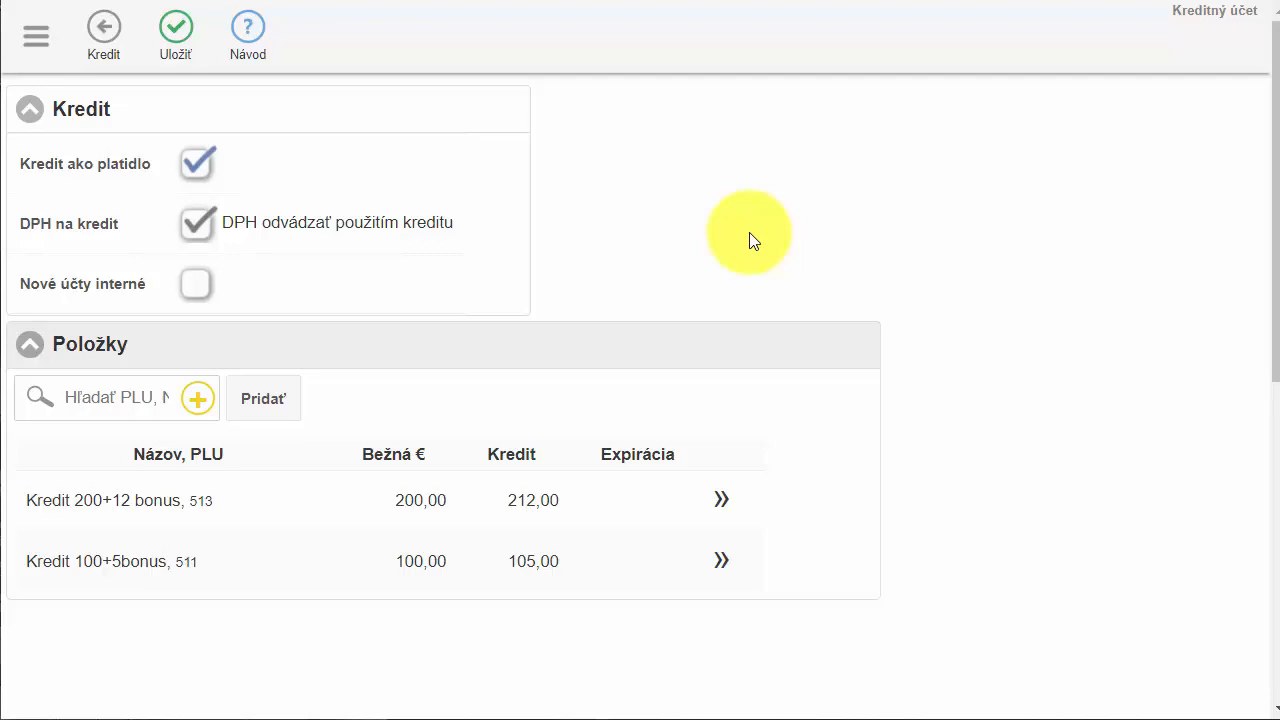 Prehľad kreditn&eacute;ho &uacute;čtu so dvoma kartami: Kredit 200+12 bonus (200,00 / 212,00) a Kredit 100+5bonus (100,00 / 105,00)