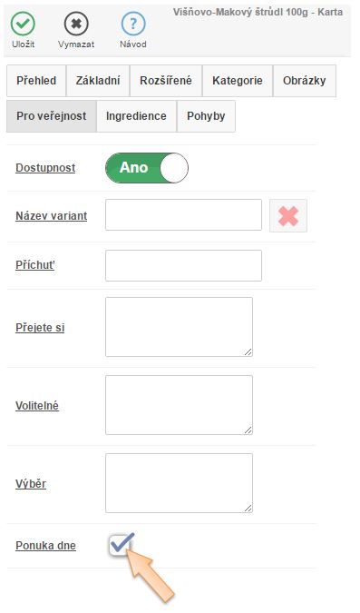 Nastavení zařazení karty do nabídky Nastavení zařazení karty do nabídky