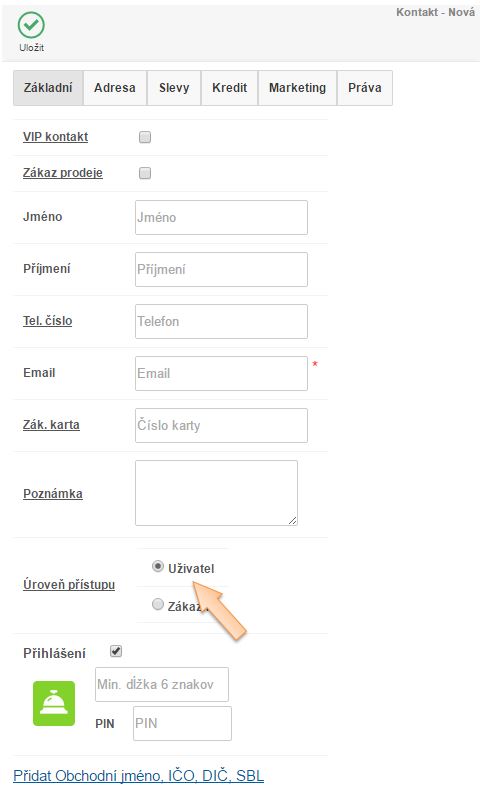 Záložka Základní na novém kontaktu v iKelp POS Mobile Záložka Základní na novém kontaktu v iKelp POS Mobile