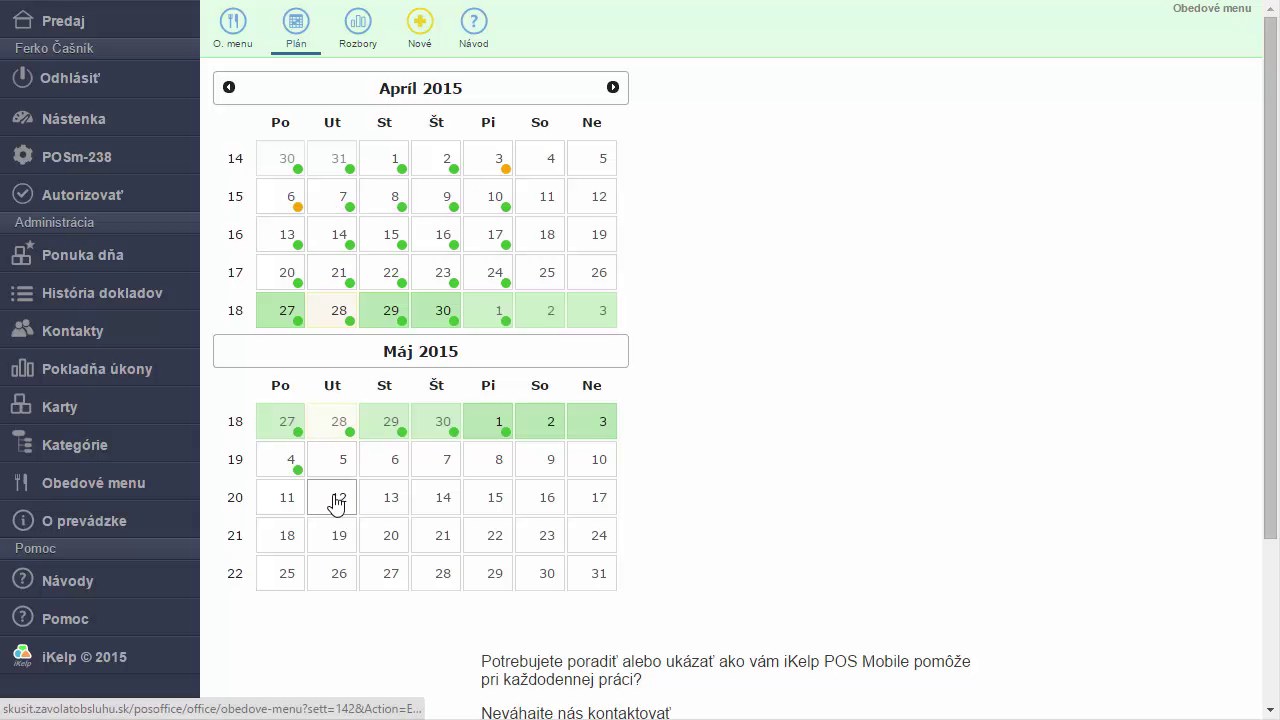Kalend&aacute;rny prehľad pl&aacute;nov obedov&eacute;ho menu pre apr&iacute;l a m&aacute;j 2015