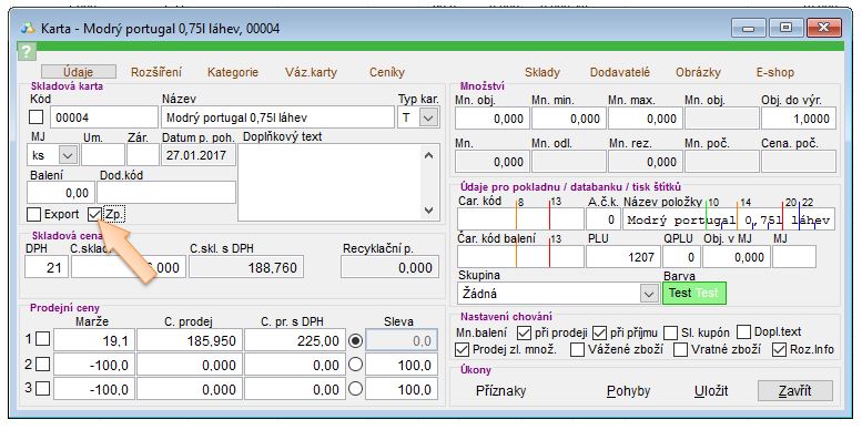 Nastaveni př&iacute;znaku ZP na skladov&eacute; kartě.