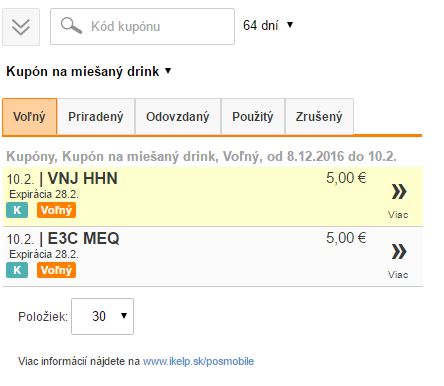 Zoznam vygenerovaných kupónov Zoznam vygenerovaných kupónov